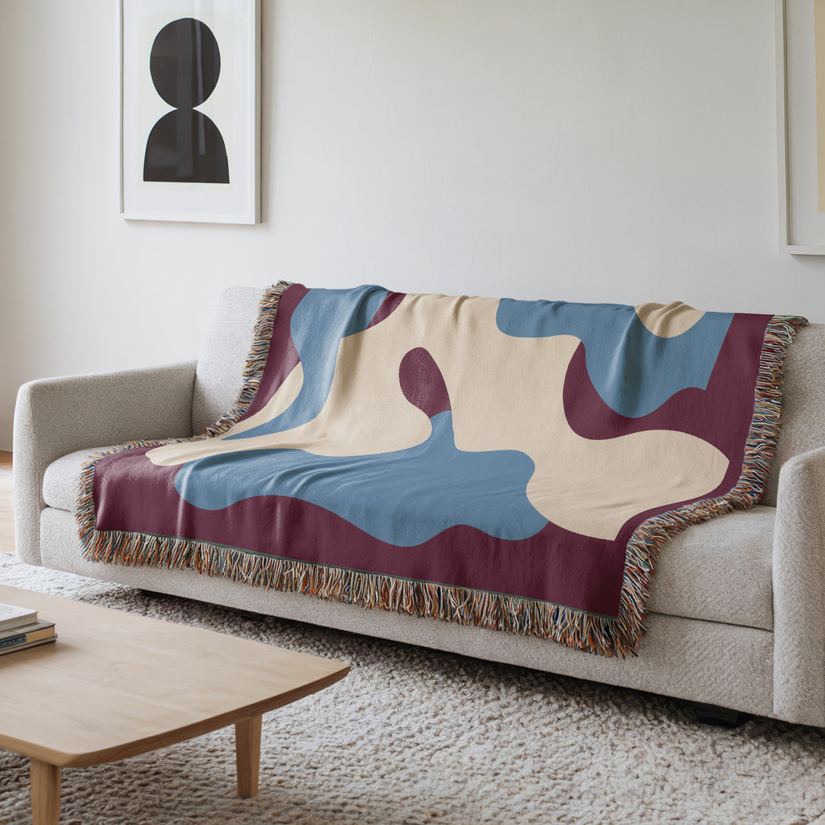 Scandi Abstract Shapes Woven Throw Blanket with Burgundy Red & Blue