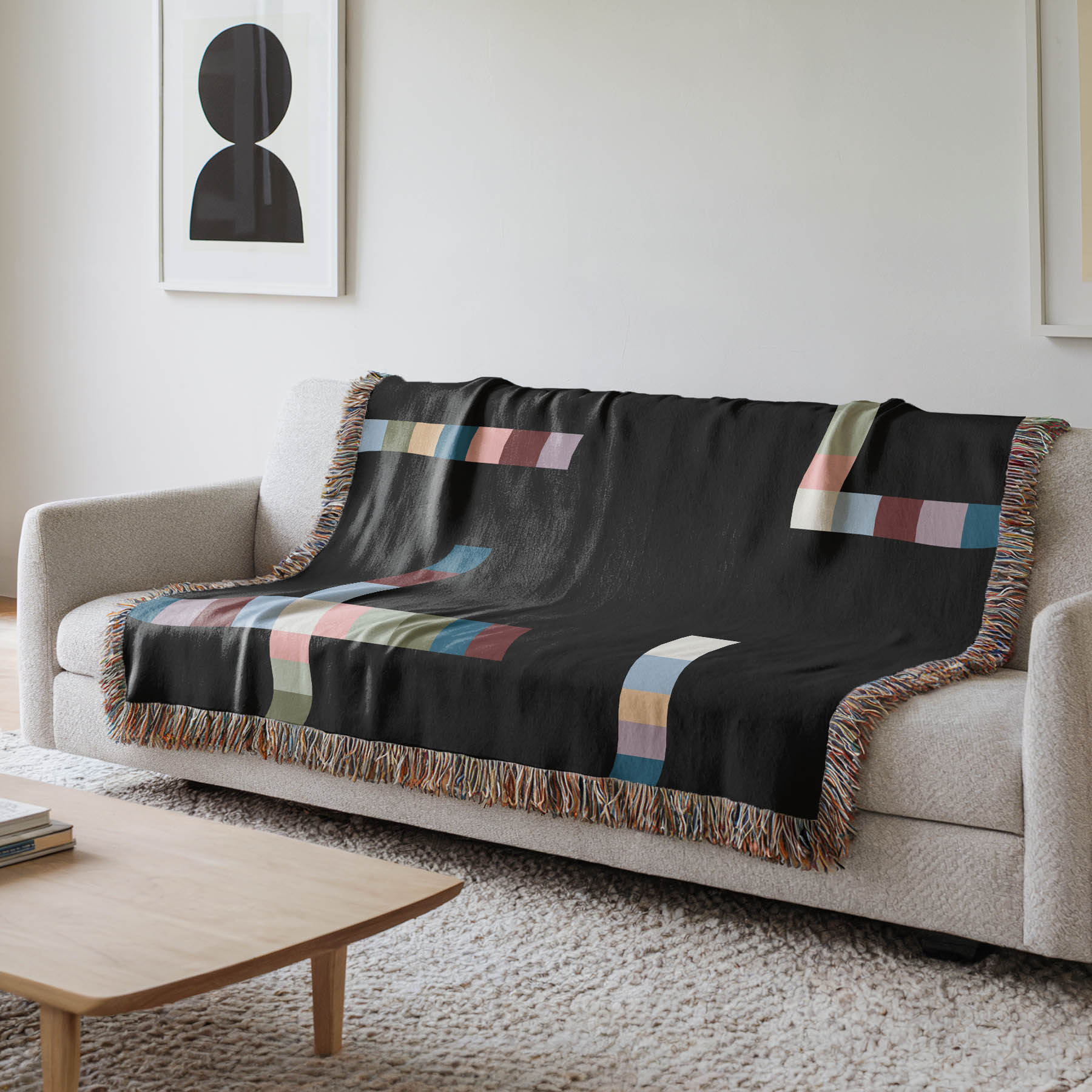 Modern Geometric Woven Throw Blanket with Multicolor Squares Linear Design on Black Ground