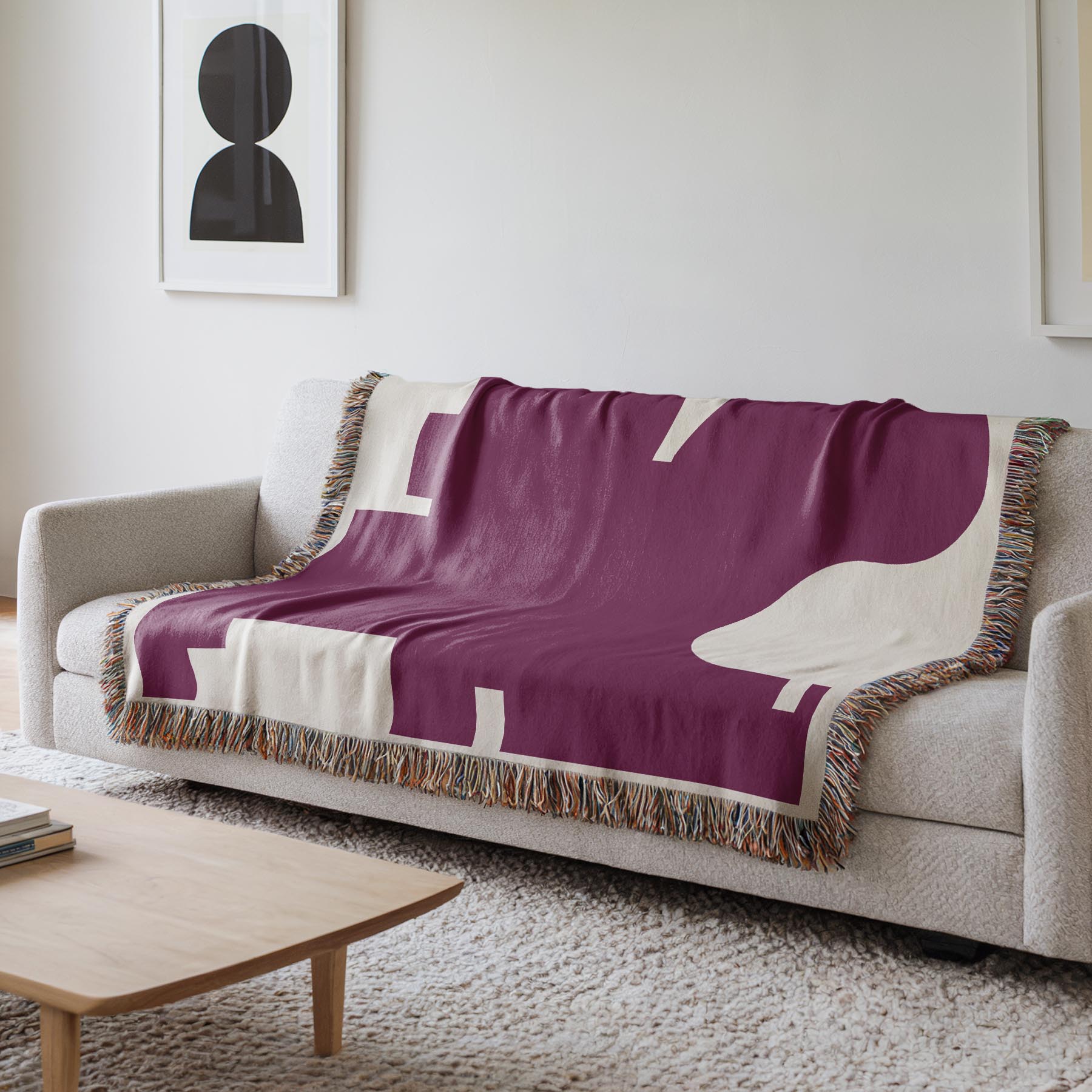 Post Modern Woven Throw Blanket with Burgundy Red Geometric shaped Design
