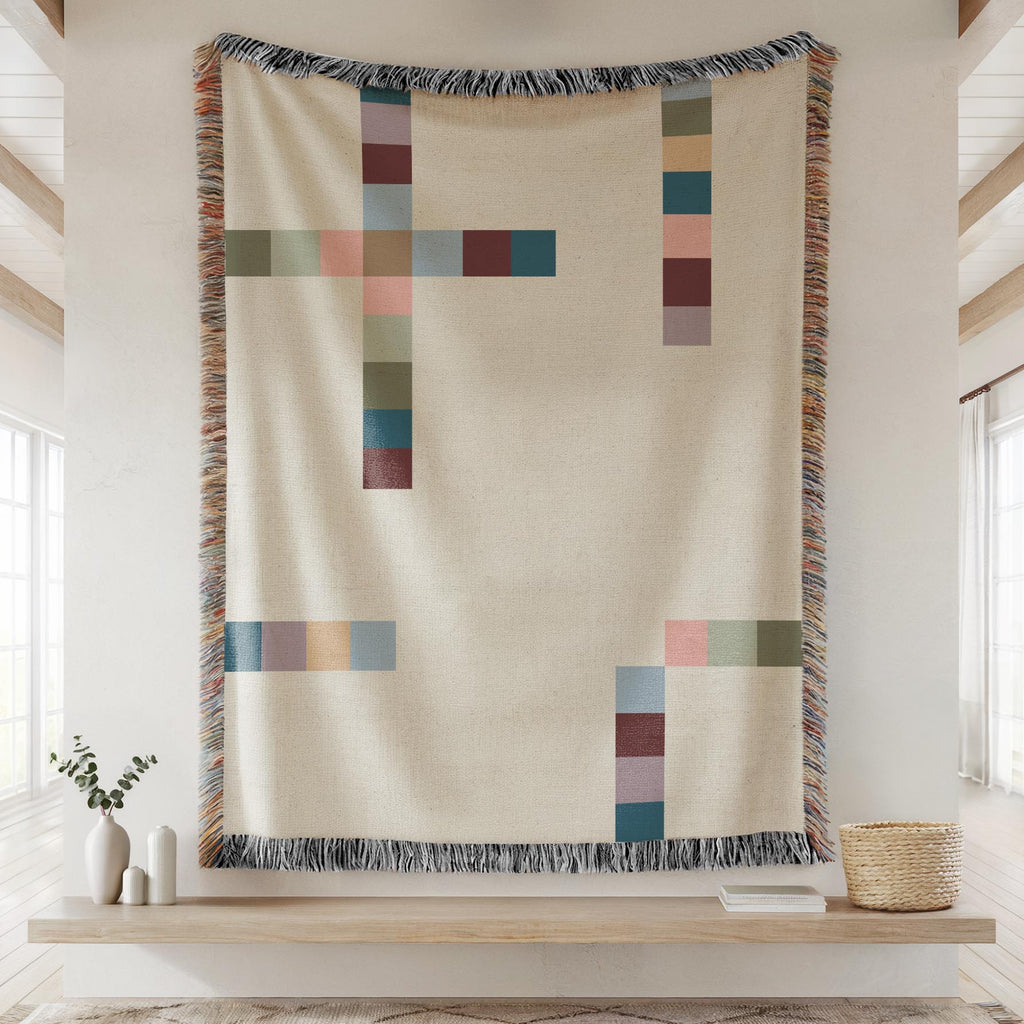 Modern Geometric Woven Throw Blanket with Multicolor Squares Linear Design on Cream White Ground