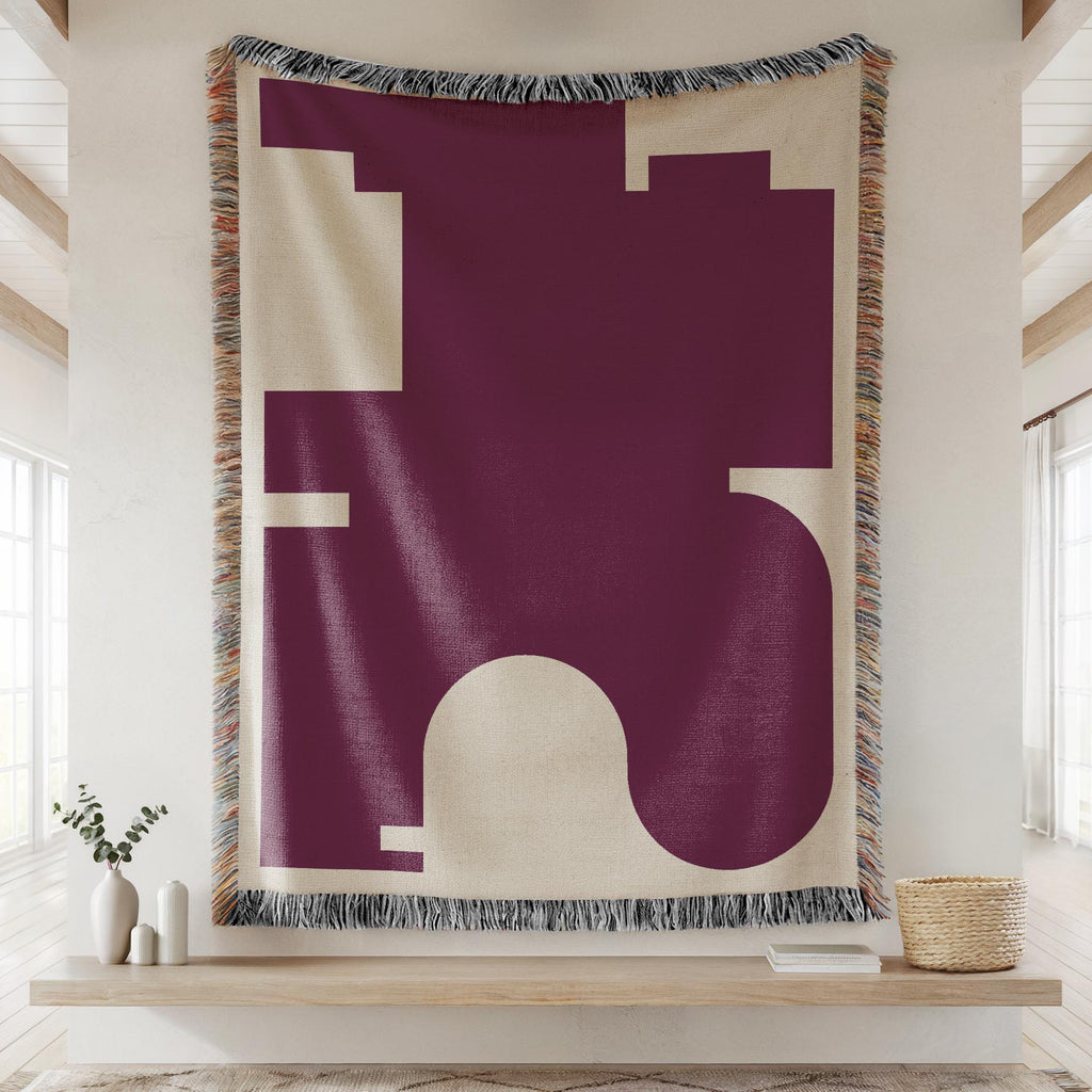 Post Modern Woven Throw Blanket with Burgundy Red Geometric shaped Design