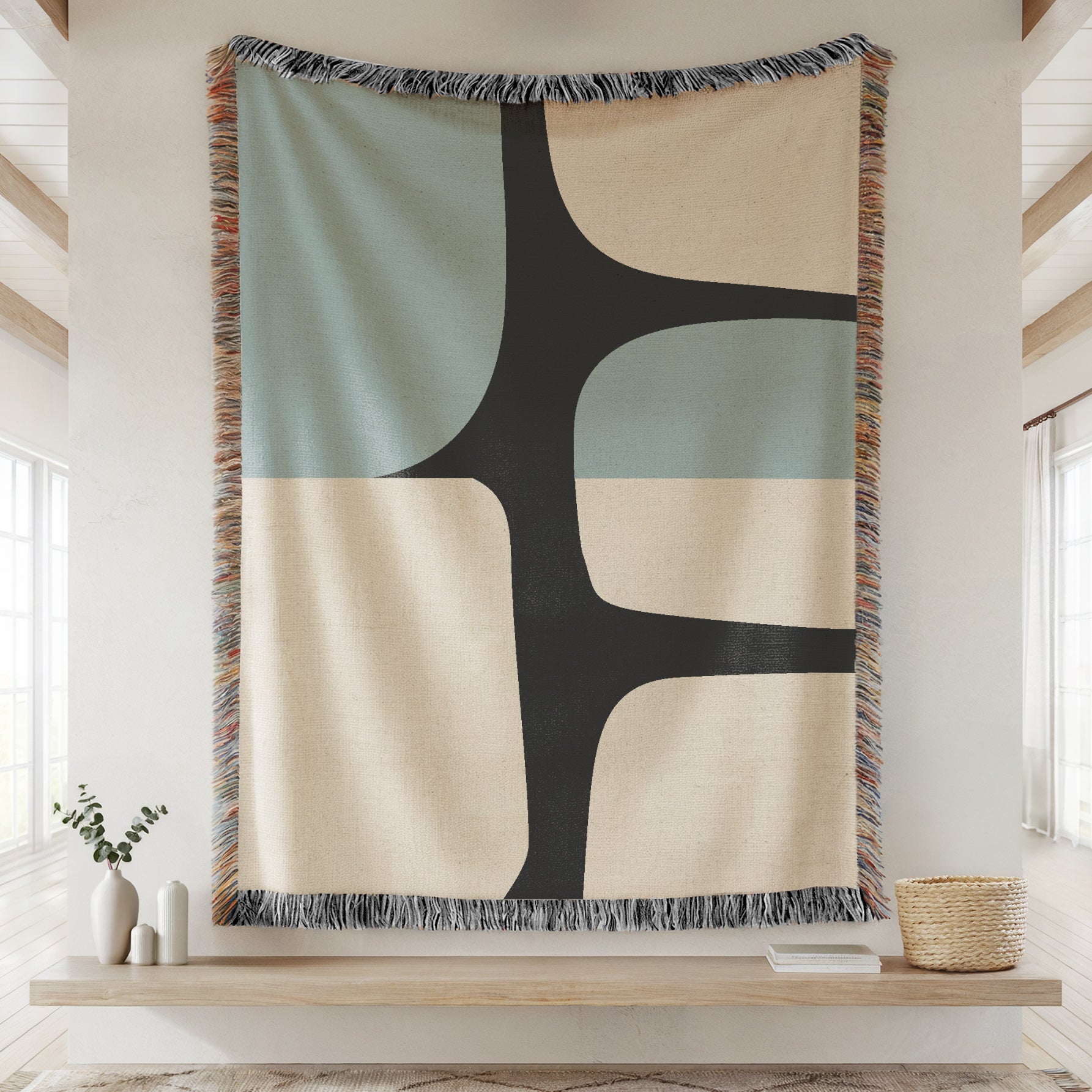 Scandi Color Block Woven Throw Blanket with Abstract Shapes Design