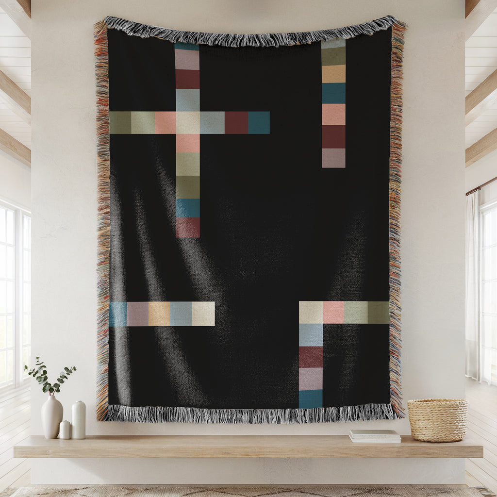 Modern Geometric Woven Throw Blanket with Multicolor Squares Linear Design on Black Ground