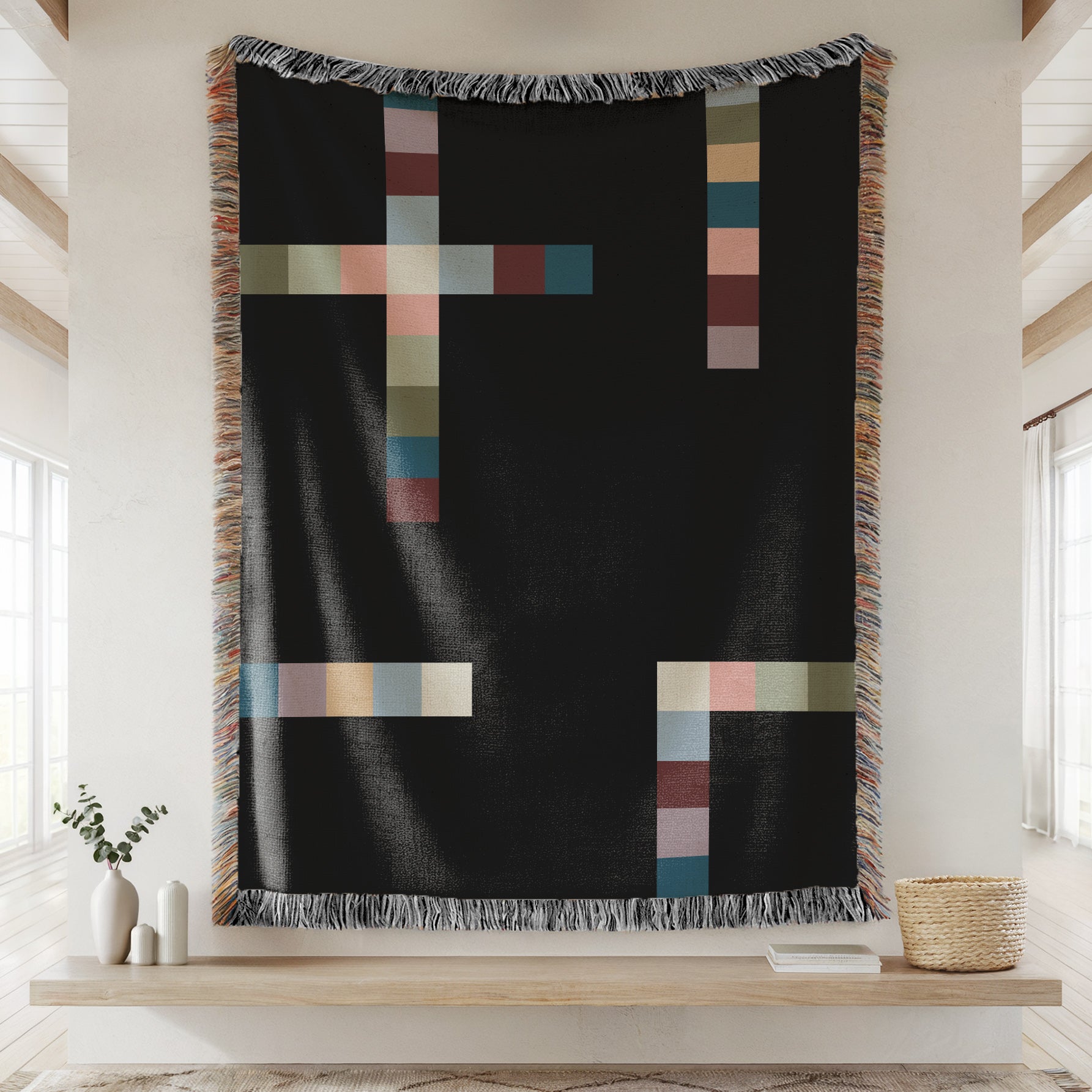Modern Geometric Woven Throw Blanket with Multicolor Squares Linear Design on Black Ground