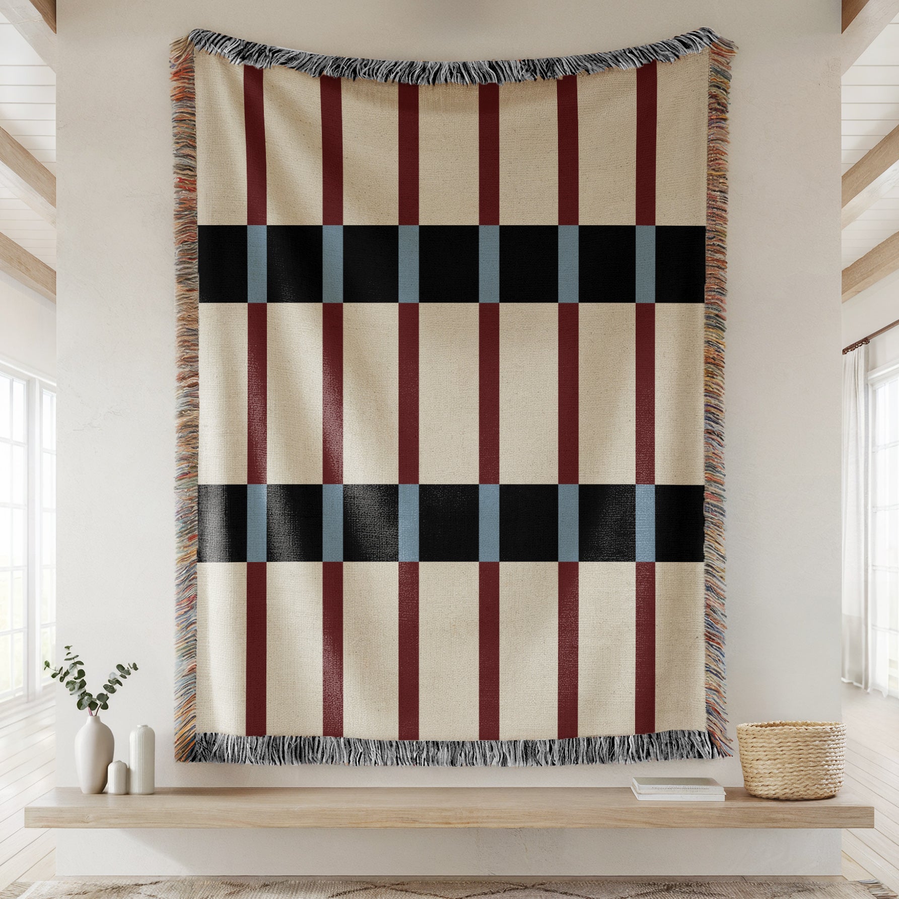 Modern Mixed Stripe Woven Throw Blanket with Burgundy Red, Black, & Blue Stripes